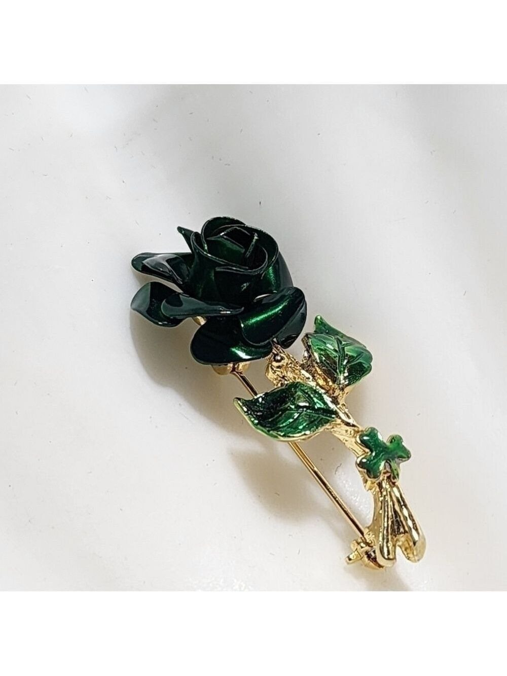 Emerald Green 3D goldtone metal Rose Brooch pin clover Irish St. Patrick's Day